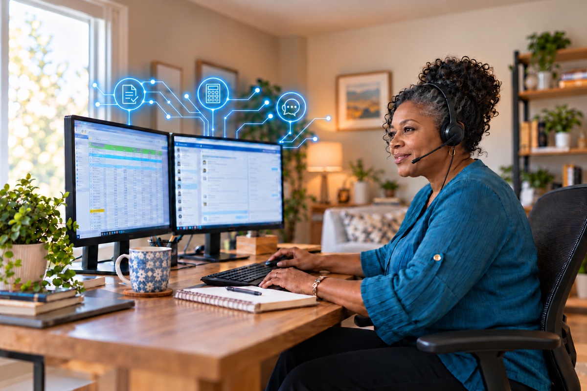 Diverse woman performing customer service work at a desk with two monitors